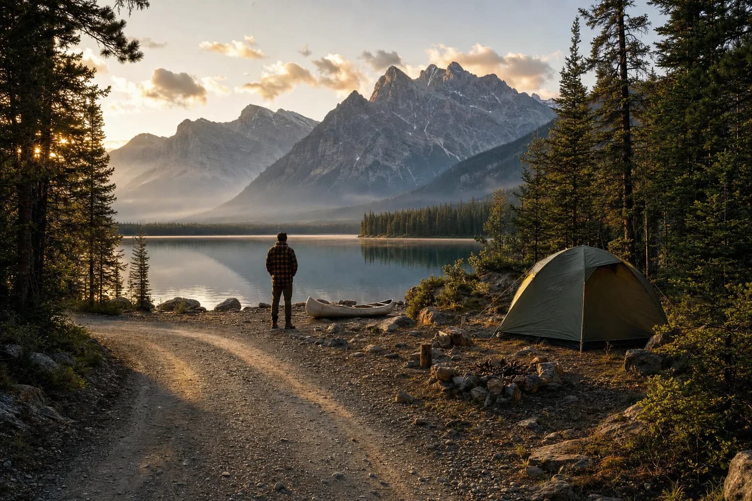 A remote lakeside campsite with a tent and canoe framed by Rocky Mountain peaks, golden hour light over a gravel road leading into the Canadian wilderness.