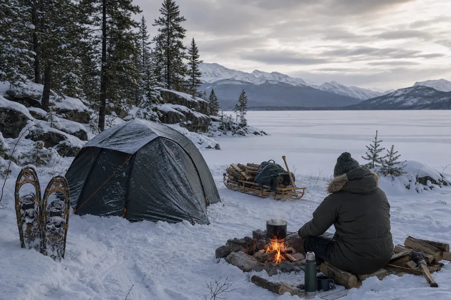 A camper tends a small campfire beside a frosted tent on a snowy lakeshore, with boreal forest and distant mountains in the background, illustrating winter camping in Canada.